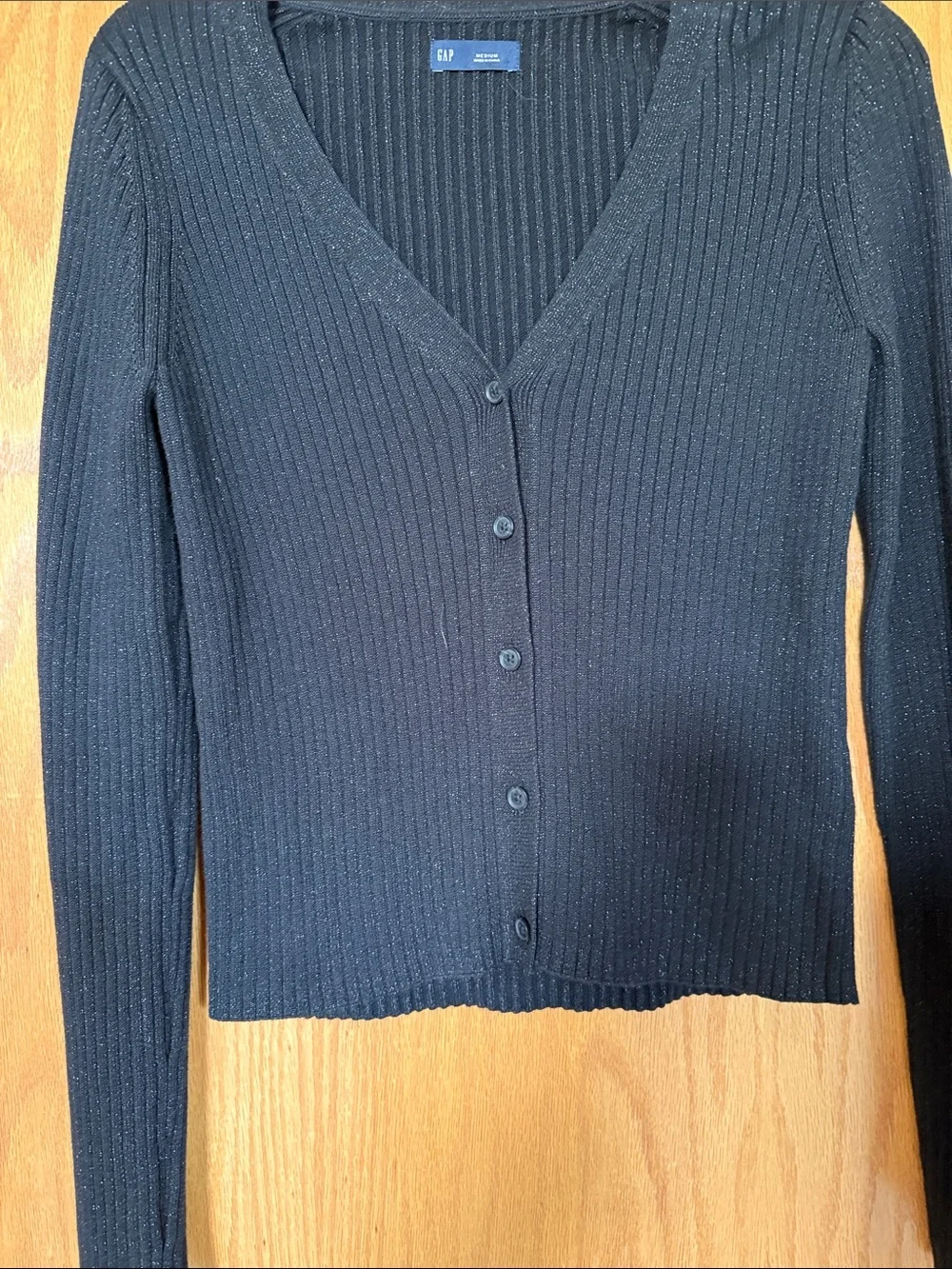 Black Ribbed V‑Neck Button Cardigan - Picture 2 of 4